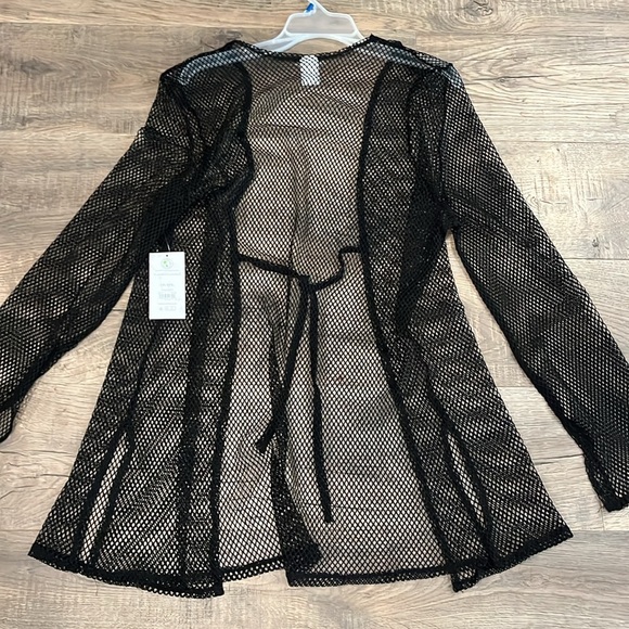 NEW BLACK fishnet CARDIGAN 2xl 3XL mesh jacket mid length MESH tie waist, sheer - Picture 6 of 13